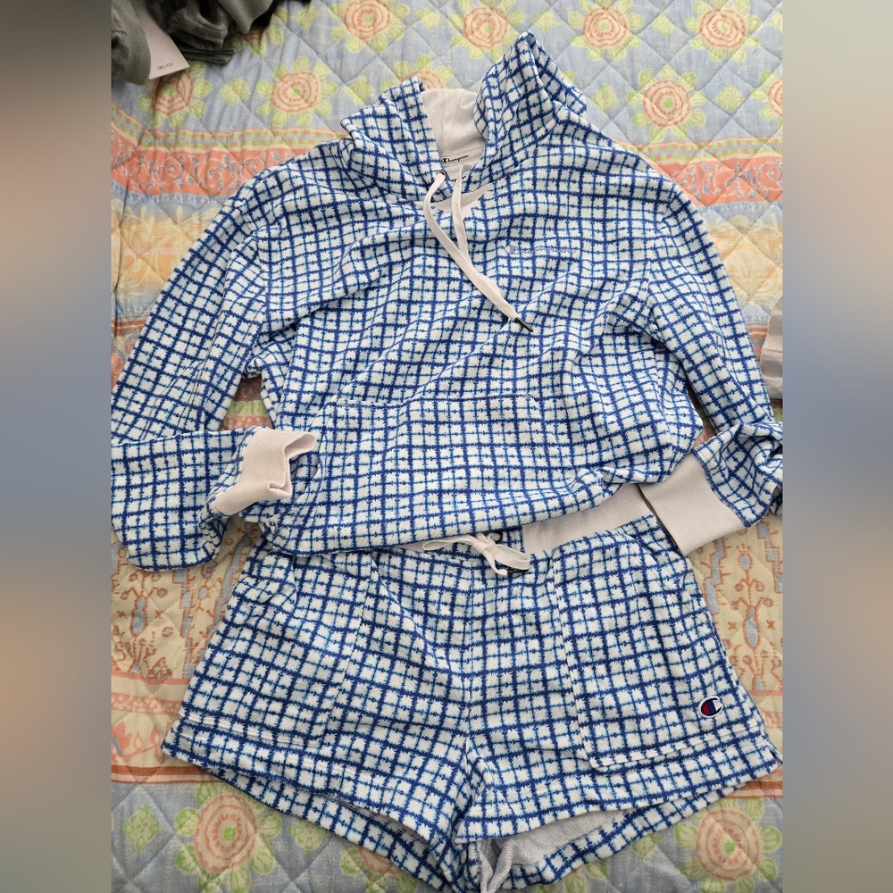 Champion Blue and White Checkered Hoodie and Pants Set